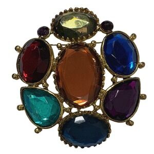 Vintage Multicolor Gem Cluster Brooch Pin Gold Tone Statement Jewelry Women